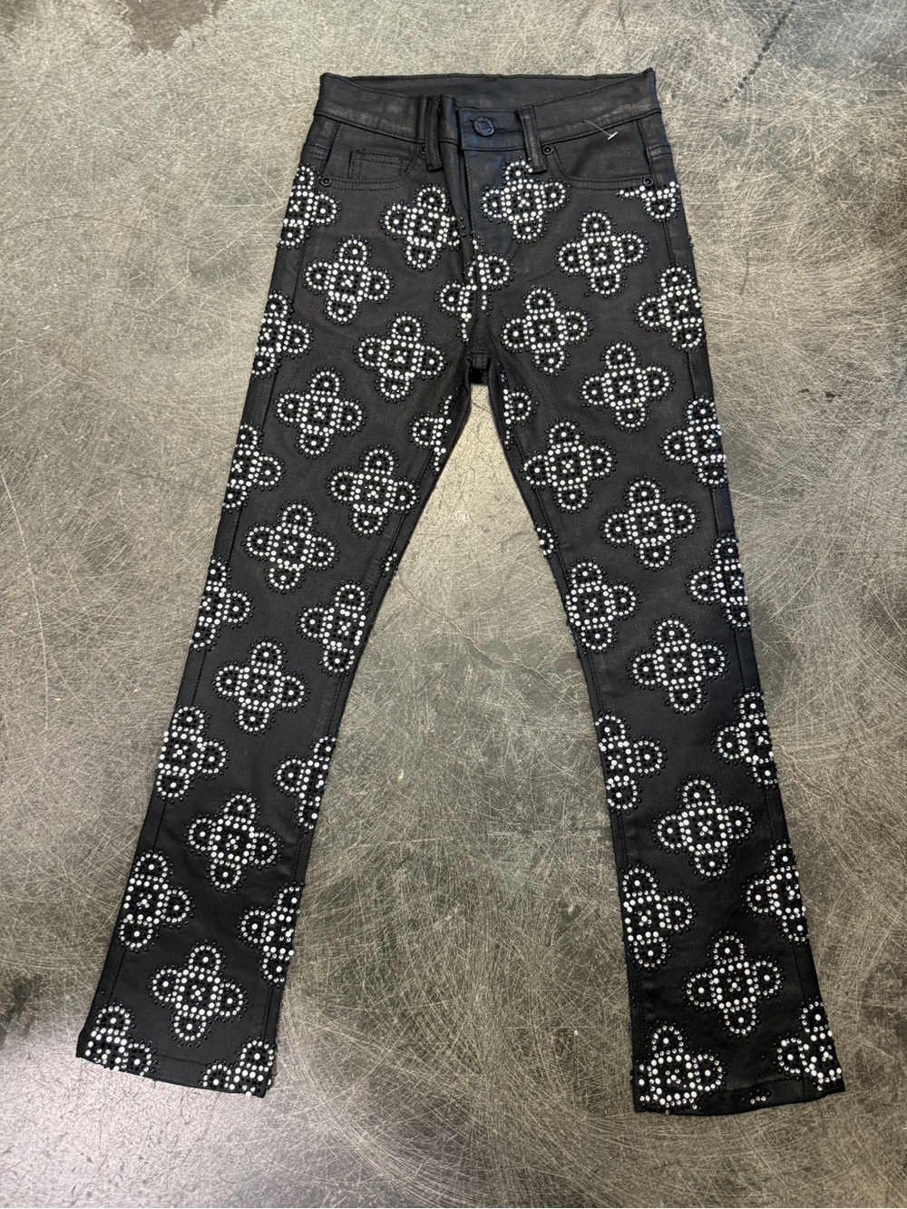 Black Studded Kids’ Jeans with White Crystal Motif